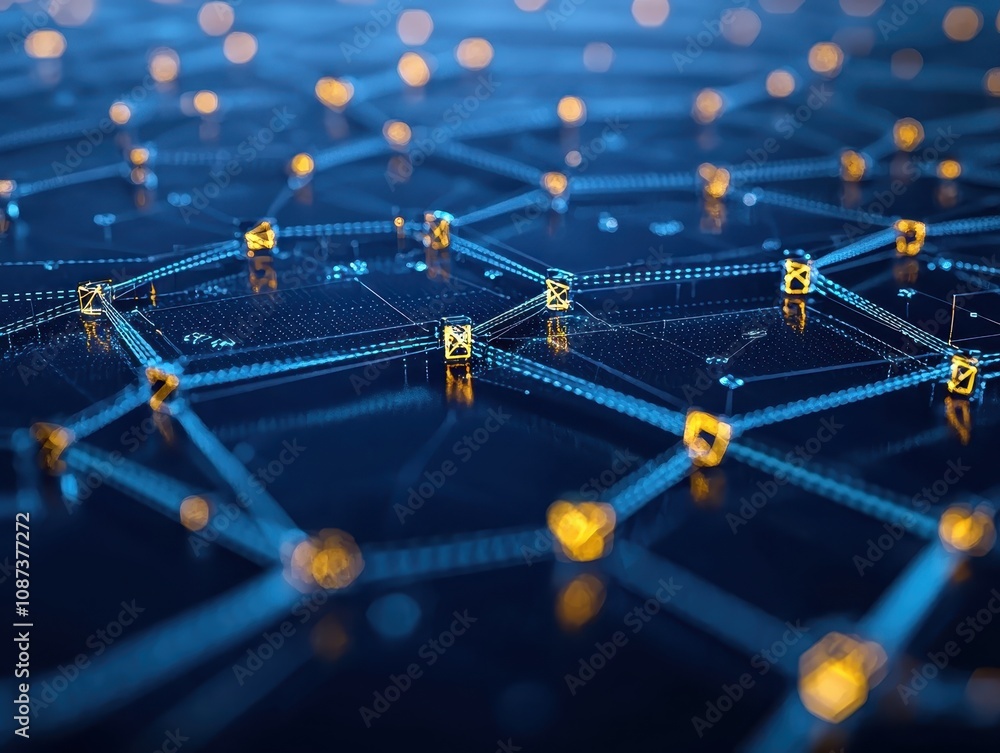 Poster a digital network showcasing interconnected nodes and glowing lines, symbolizing technology and data