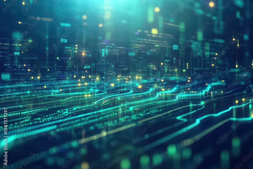 Poster flowing streams of binary code forming a digital river, neon blue and green, holographic effect, fut