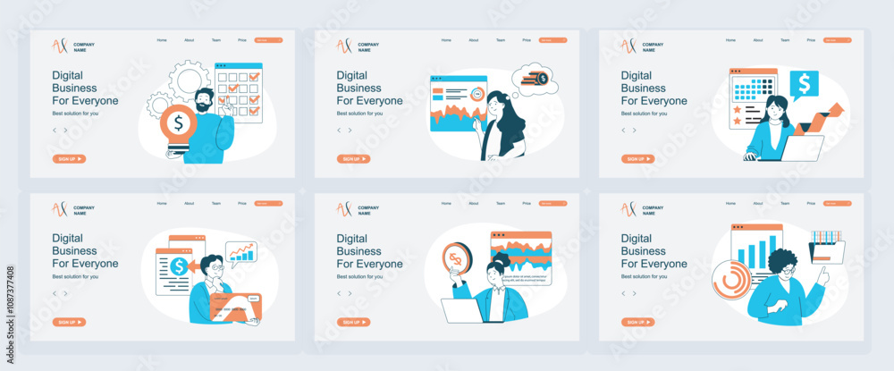 Poster digital business concept of landing page with slide templates set in flat design. website headers wi