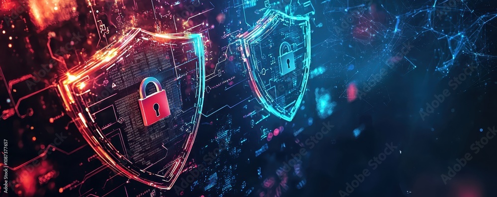 Poster a digital representation of cybersecurity shields with padlocks, symbolizing protection and data sec