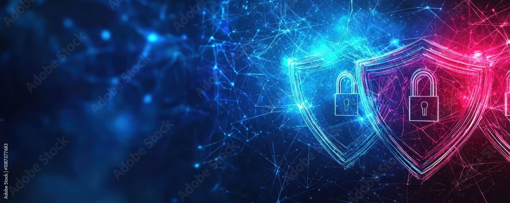 Poster a digital background featuring glowing shields representing cybersecurity, with a blue and red color