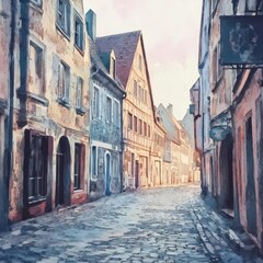 Fototapeta premium European city with cobblestone streets and historic buildings, soft morning light, pastel colors, vintage watercolor style