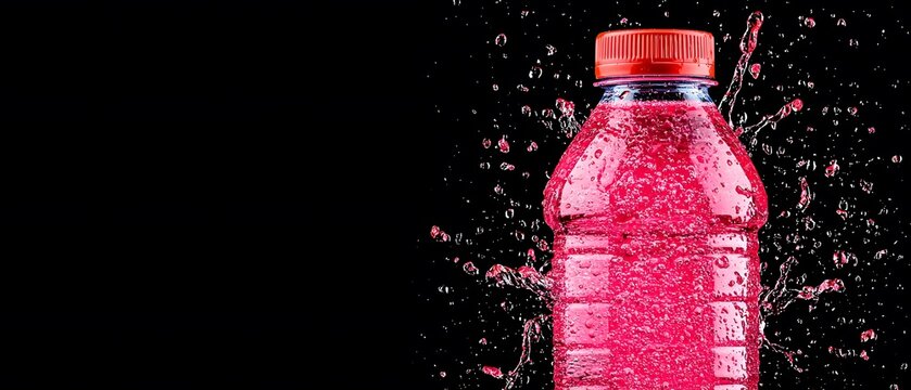 Refreshing sports drink bottle with vibrant red liquid splashing around it, set against a dark background for dynamic and energetic appeal ideal for advertisements and promotions.