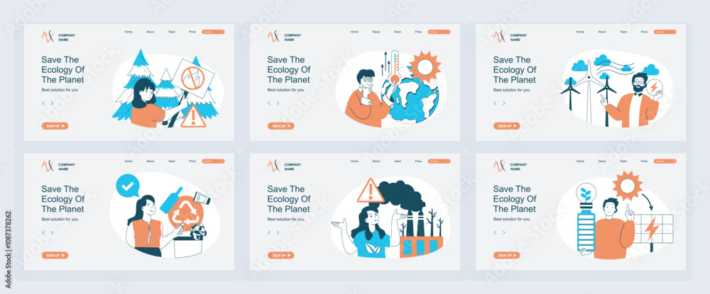 Fototapete ecology concept of landing page with slide templates set in flat design. website headers with people