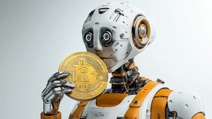 Fototapeta premium A futuristic humanoid robot with white and orange design holding a large golden bitcoin symbol coin, representing advanced technology and digital currency concepts.