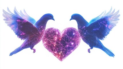 Fototapeta premium A pair of doves holding a glowing digital heart. Meaning of peace and love. Isolated on white background.