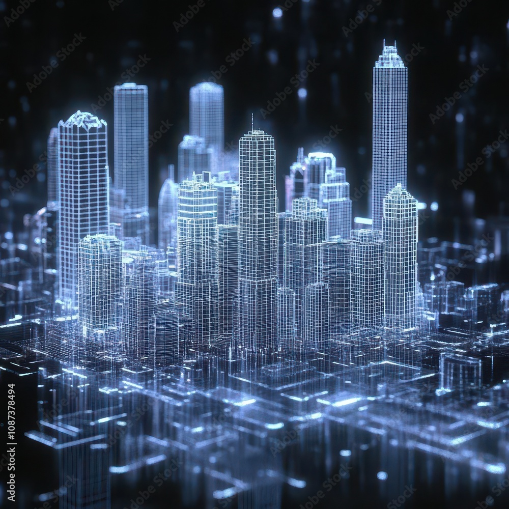 Poster Digital twin concept, urban model floating holographically, wireframe elements, white neon highlights.