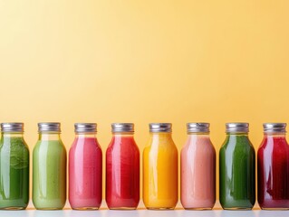 Colorful bottles of smoothies lined up against a bright yellow background, showcasing a variety of refreshing flavors and healthy ingredients.