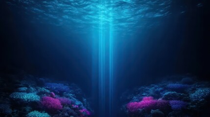 Fototapeta premium Deep sea trench with bioluminescent creatures glowing in the darkness strange coral formations ethereal underwater view