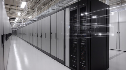 A sleek data center filled with rows of servers and a visual overlay showcasing cloud computing connections