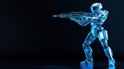 A futuristic, translucent robot aiming a weapon in a dark environment.