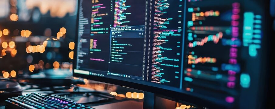 A vibrant workspace with multiple monitors displaying lines of code, highlighting a tech-savvy environment ideal for programming and data analysis.