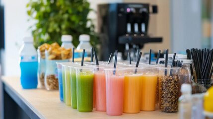 A table setup with drinks for athletes featuring electrolyte drinks, protein shakes, and energy bars