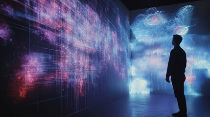 AI-powered app interface projected on a holographic screen, with a user interacting seamlessly