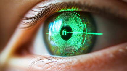 Biometric cybersecurity system scanning a person's retina with a digital interface showcasing security verification progress