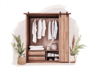 Makha wood furniture set. Stylish wooden wardrobe with hanging clothes