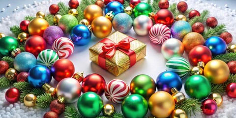A festive arrangement of colorful ornaments, a golden gift box, and sprigs of evergreen create a joyful winter scene.