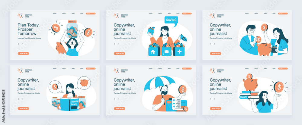 Poster Financial literacy concept of landing page with slide templates set in flat design. Website headers with people saving money, managing and control personal finance, invest money. Vector illustrations.