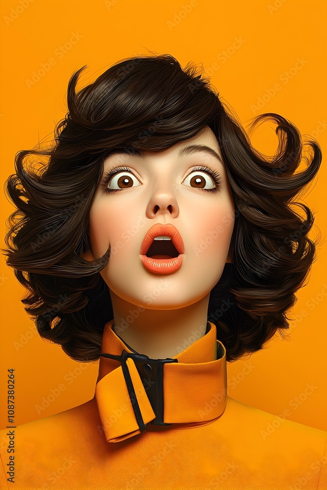 Poster retro pop art style digital of a woman with a spectrum of captivating animated facial reactions disp