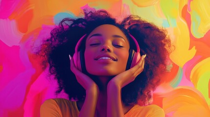 Happy woman listening to music with headphones in a vibrant, colorblocking monochromatic setting, exuding joy and energy.