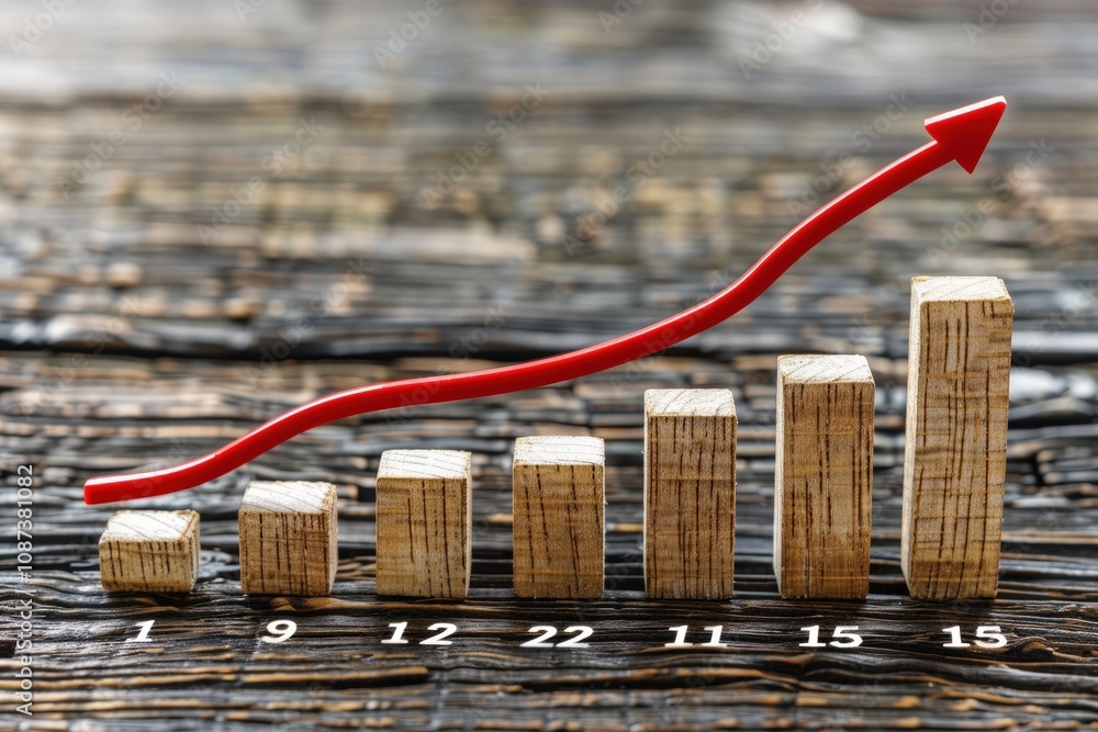 Poster a visual representation of growth, showcasing ascending wooden blocks with a red arrow indicating an