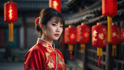 Portrait of asian woman in the chinese dress and Chinese new year concept