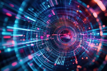 Abstract AI data tunnel, holographic streaks, complex textures, deep colors, intricate design