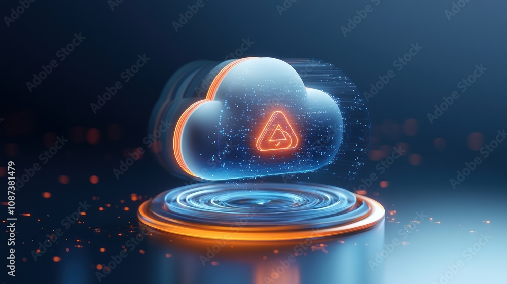 Poster a glowing cloud symbol with a triangular warning sign, representing digital data or technology.