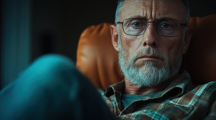 An older man with a serious expression sits in a brown leather chair wearing a plaid shirt, reflecting thoughtfulness and experience in a dim room with soft lighting. - Powered by Adobe