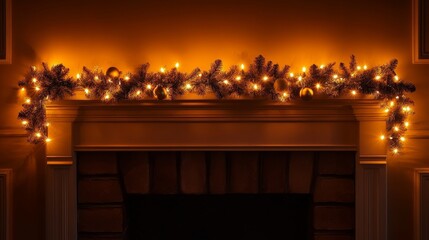 Festive garland with lights adorning a cozy mantelpiece during winter season