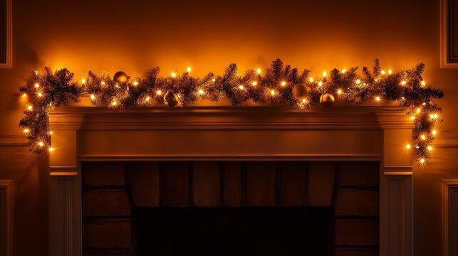 Festive garland with lights adorning a cozy mantelpiece during winter season