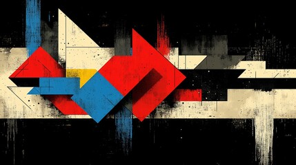 Abstract geometric artwork featuring vibrant colors and bold shapes