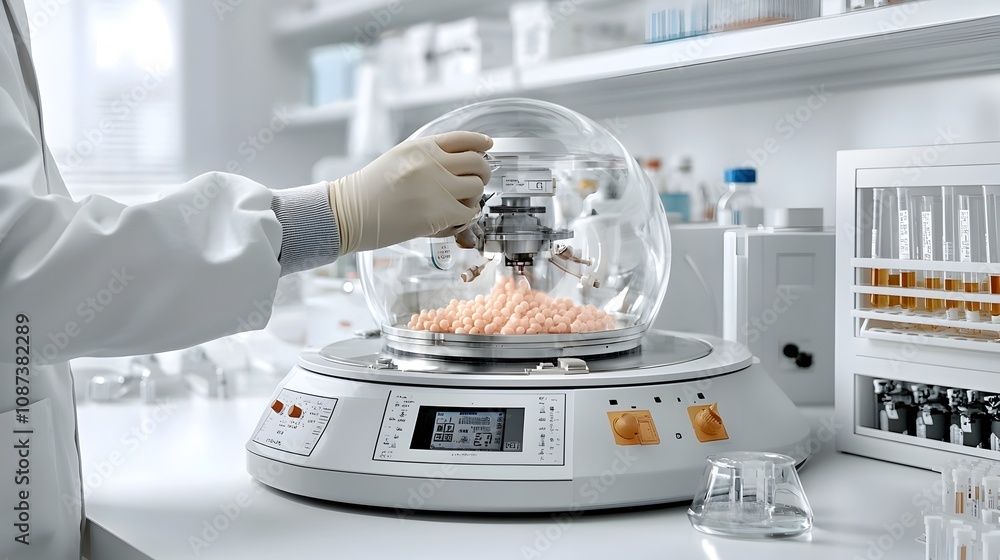 Aufkleber biotech laboratory technician using a high speed centrifuge to isolate cellular components in a ster
