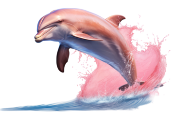 A pink dolphin breaching the surface, creating a splash as it jumps into the air. The dolphin's elegant form and vivid coloration capture the essence of marine life