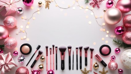 Fototapeta premium Elegant Christmas flatlay with makeup products and pink decorations on white background, bokeh lights, and copy space. Ideal for festive beauty promotions.
