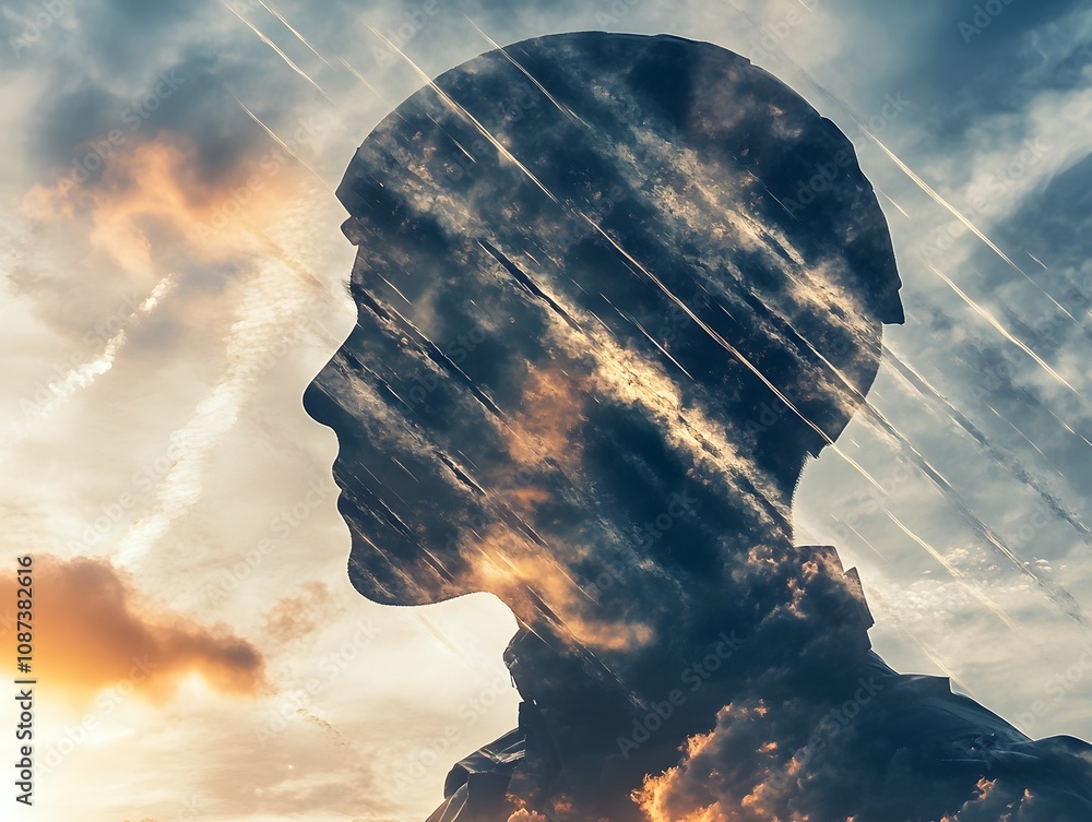 Aufkleber artistic silhouette of a soldier's profile blending with dramatic clouds and sky, symbolizing memory