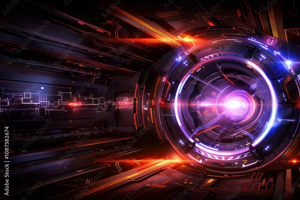 Poster a vibrant, futuristic abstract design featuring a glowing circular element surrounded by dynamic lig