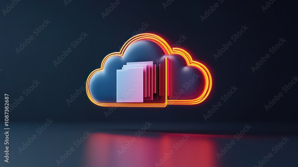 Poster a stylized cloud icon with layered files, representing digital storage and data management.