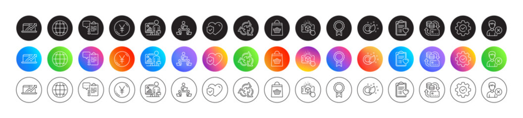 Clipboard, Teacher and Recycle line icons. Round icon gradient buttons. Pack of Teamwork, Execute, Patient history icon. Remove account, Augmented reality, Sales diagram pictogram. Vector