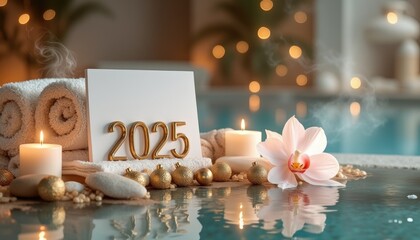 2025 with spa tools and gold Christmas ornaments. Holiday scene with towels, candles, stones, orhi flower at waterpool backdrop.Holiday greeting for wellness and relaxation business concept.