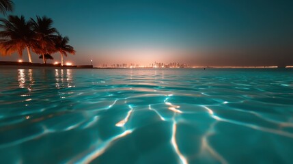 A tranquil beach scene at dusk featuring calm water, gently swaying palm trees, and a glowing city skyline in the distance under a serene twilight sky.