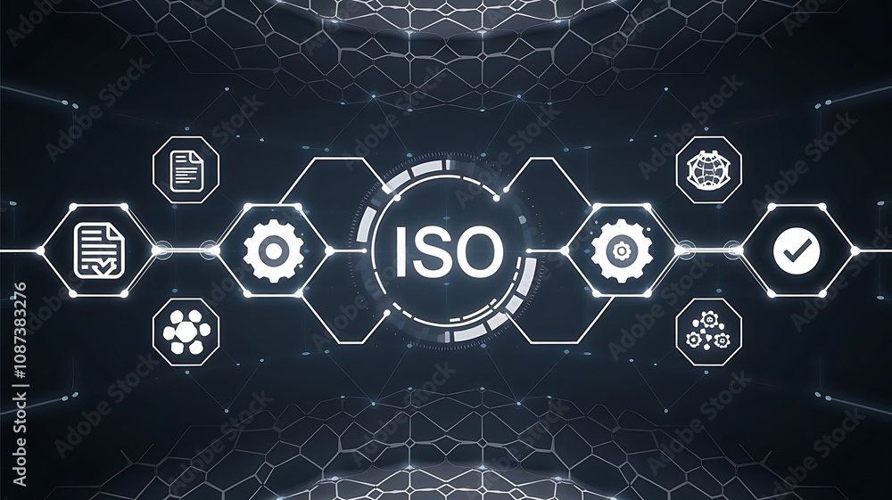 Poster iso certification: a futuristic and abstract representation of iso certification, with interconnecte