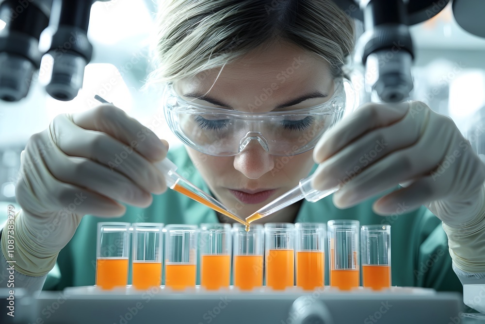 Poster biotech laboratory manager carefully overseeing control testing procedures for cell culture media ma