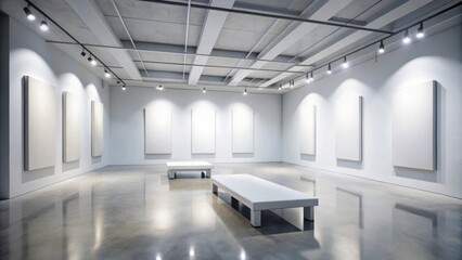 Modern gallery space with blank canvases and polished concrete floor, ready for the next exhibition.