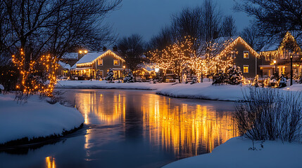 Fototapeta premium A serene village scene with homes and streets glowing with Christmas lights, reflecting the spirit of the holiday 
