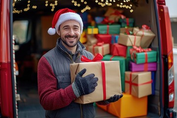 Cheerful Latino courier wearing a Santa hat and holding a gift box, with a delivery truck packed...