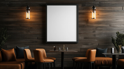 Modern cozy lounge area with empty framed canvas on wooden wall, surrounded by warm lighting, brown chairs, and dark pillows, minimalistic decor with potted plants and small tables.