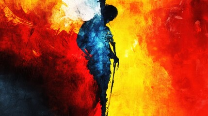 A silhouette of a figure against a vibrant, abstract background of colors.