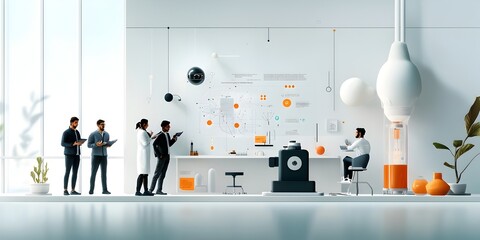 Biotech startup founders and diverse team of professionals demonstrating the features and capabilities of their innovative diagnostic device