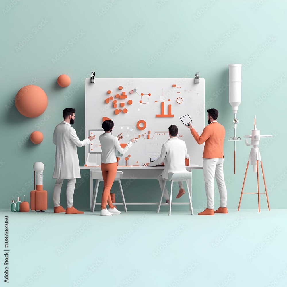 Poster three diverse startup founders collaborating on a high tech interactive display to develop groundbre
